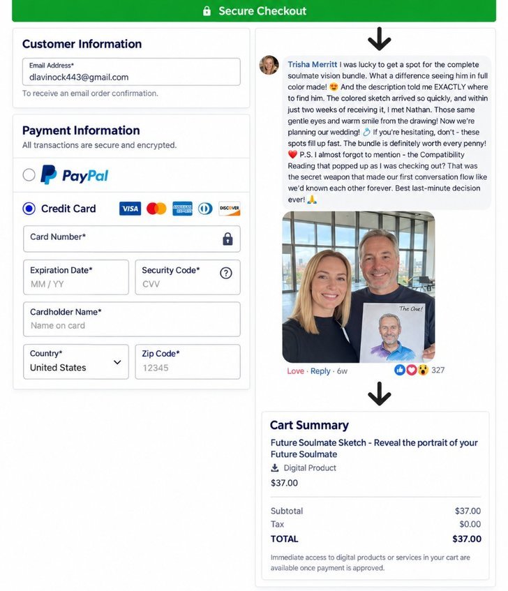 Tina Aldea Soulmate Sketch secure ClickBank checkout — payment form and order summary